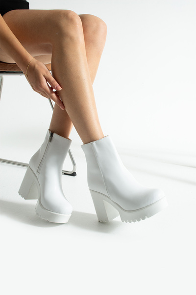 Gökçe Shoes Kristel Beyaz Platform Taban Kadın Topuklu Bot