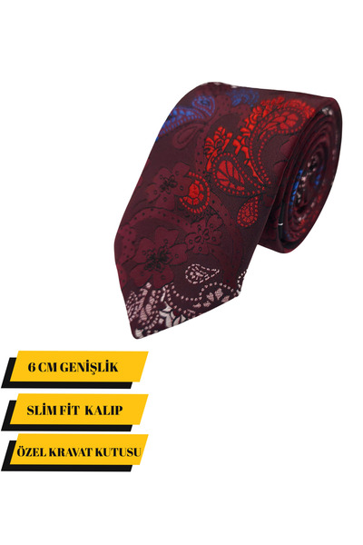Elegante Cravatte Slim Fit Shawl Patterned Burgundy Color Tie - Special Boxed
