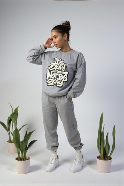 Wish BF Oversize Okay Printed Hooded Tracksuit Set Winter Cotton Lined
