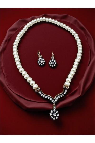 FUYA JEWELLERY Çiçek Motif Taşlı İnci Kolye, Küpe Set
