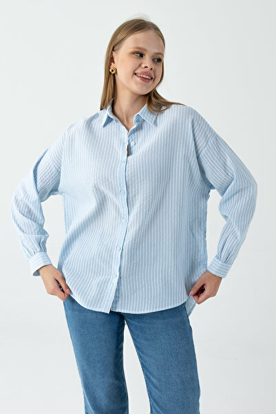 GİYSA Ženska pamučna košulja dugih rukava, široka, na pruge, plava - 26Y 2021
