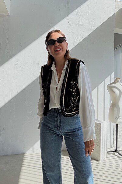 QİMYA BUTİK KEYYMOD Жіночий оксамитовий жилет з вишивкою паєтками, стильний та сучасний