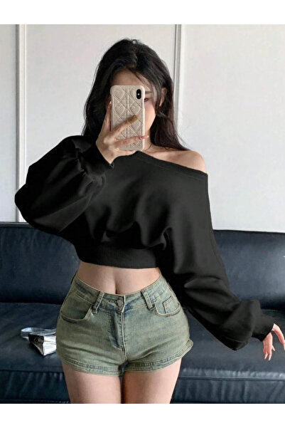 Machetta Women's Balloon Sleeve Ribbed Boat Neck Crop Sweatshirt