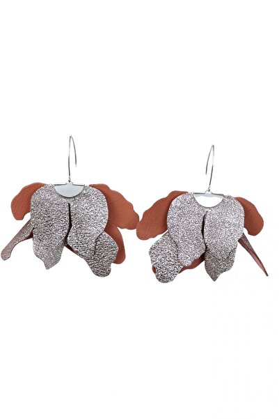 HAIArt Handmade leather floral earrings - Brown duo with silver glitter