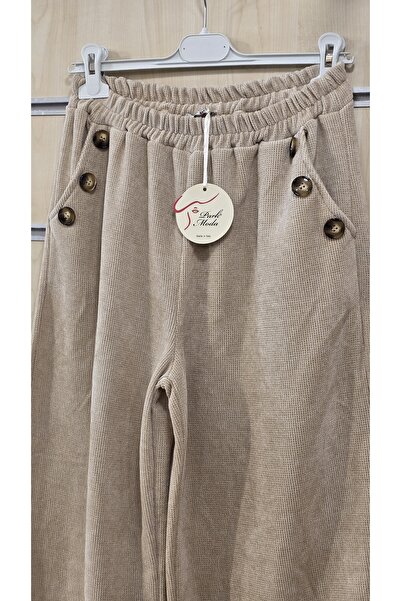 Park Moda Bol Paça Kadife Pantolon Düğme Detaylı