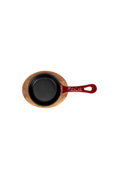 Lava Döküm Yuvarlak Kızartma Tavası Yekpare Saplı Kayın Servis Ahşabı. Çap(Ø)12cm.-Bordo