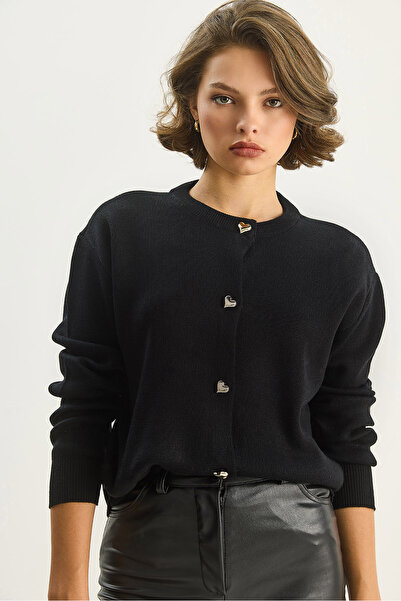 Bianco Lucci Women's Heart Buttoned Crew Neck Knitwear Cardigan 60283628