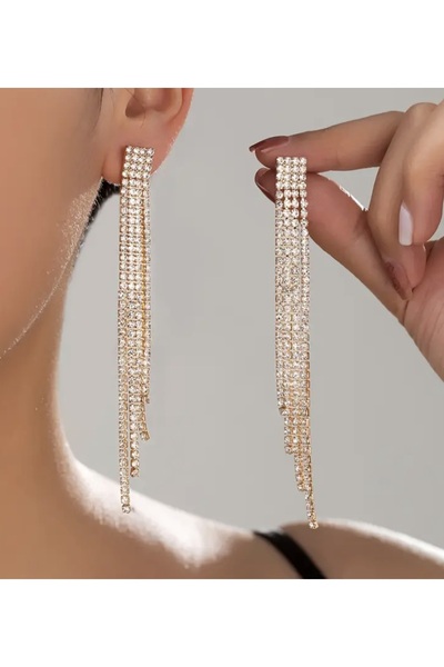 ER TAKI Stone-Encrusted Gold-Colored Long Dangle Tassel Stylish Party Engagement Henna Wedding Evening Dress Earrings