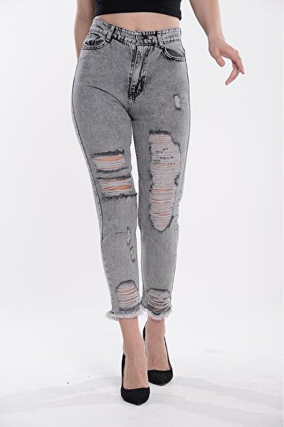 SHEVEGA Women's Leg Laser Cut Snow Black Mom Jeans