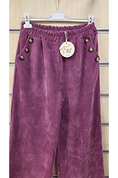 Park Moda Wide Leg Velvet Pants with Button Detail