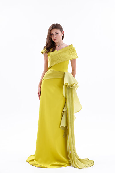 BDM Exclusive Drapeli Kuşak Detaylı Uzun Krep Abiye Elbise