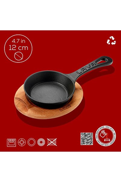 Lava Döküm Yuvarlak Kızartma Tavası Yekpare Saplı Kayın Servis Ahşabı. Çap(Ø)12cm.-Bordo