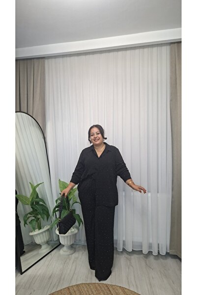 Butik İnci Taş Detaylı Siyah Pantolon