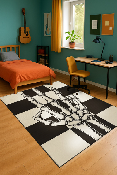 Rugs Modern Halı MOSSO Dama Temalı İskelet Eli Desenli Dokuma Taban Modern De...