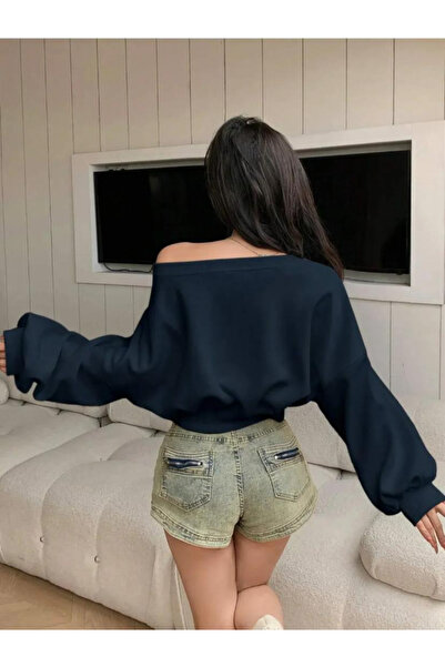 Machetta Women's Balloon Sleeve Ribbed Boat Neck Crop Sweatshirt