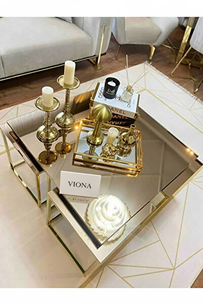 VIONA HOME Lizbon 5'li Gold Kaplama Bronz Aynalı Orta Sehpa & Zigon Sehpa & Yan Sehpa & Bohem Sehpa Takımı