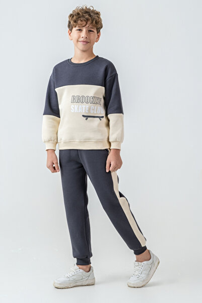 AHENGİM Boy's Brooklyn Skat Clup Printed 3 Thread Thick Winter Tracksuit Set Ak4228