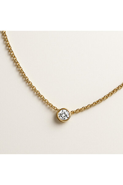 KAIROS JEWELRY 14 Ayar Altın Yuvarlak Tek Taşlı Zincir Kolye