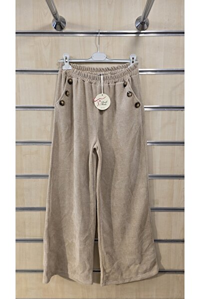 Park Moda Bol Paça Kadife Pantolon Düğme Detaylı