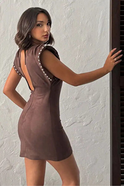 cemo Kadın Sırt Dekolteli Omuz Vatkalı Omuz Droplu Süet Elbise