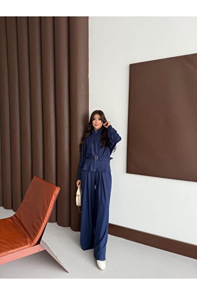 QİMYA BUTİK BUKETLİ Női kabát, szoknya és nadrág, dupla szett, ráncolt részletekkel és övvel