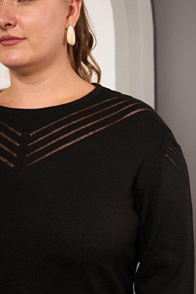 RMG Sleeve and Collar Openwork Patterned Plus Size Knitwear Black