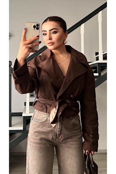 Oslove Kahve Gabardin Kuşaklı Trençkot