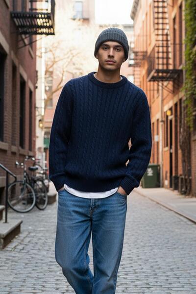 CHUBA Men's Hair Knit Crew Neck Thick Knitwear Sweater Navy Blue 26W2014