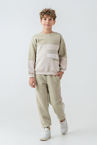 AHENGİM Boy's Brooklyn Skat Clup Printed 3 Thread Thick Winter Tracksuit Set Ak4228