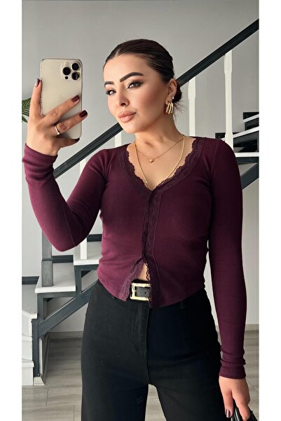 Oslove Plum Lace Buttoned Knit Blouse