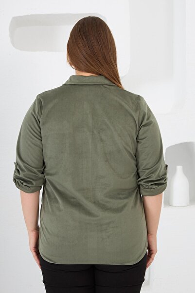 RMG Velvet Plus Size Snap Sleeve Shirt Khaki
