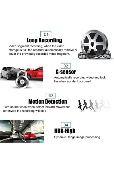 podofo Triple Car Camera Traffic Monitoring, Interior, Rear, 4 Inch, Full HD, Minimalist Design, Black -