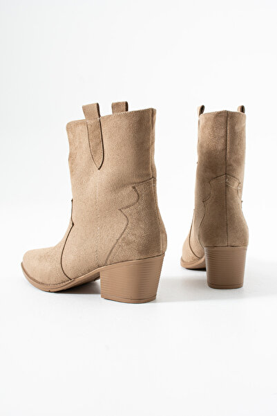 Gökçe Shoes Yeslin Koyu Bej Süet Western Kadın Topuklu Bot