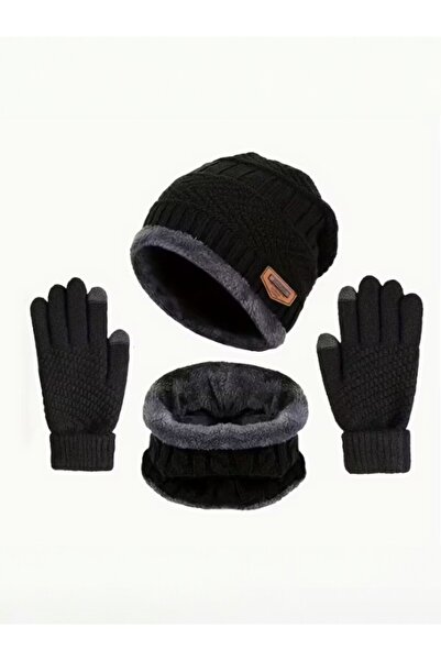 SOSYETEZGAHI 3 Pieces Black Scarf Beanie Gloves Set Boys