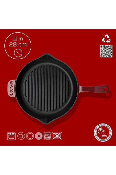 Lava Döküm Yuvarlak Izgara Tava Döküm Demir Yekpare Saplı Konkav Taban 12mm. Çap(Ø)28cm.