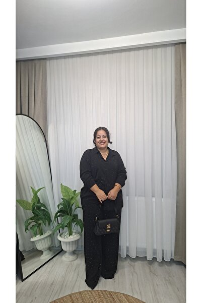 Butik İnci Taş Detaylı Siyah Pantolon