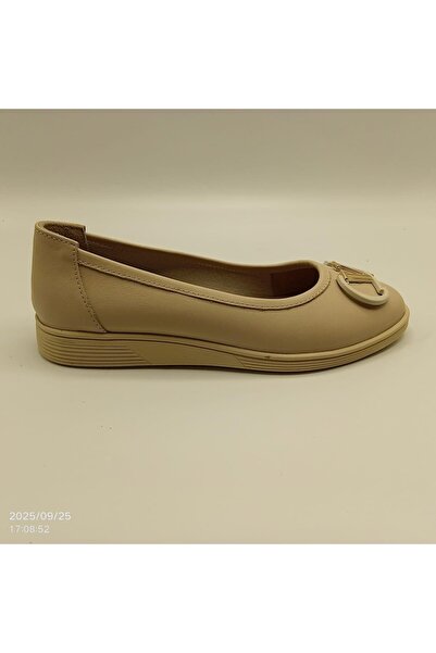 Ametist 2002 Beige Genuine Leather Ballerinas – with Metal Accessories