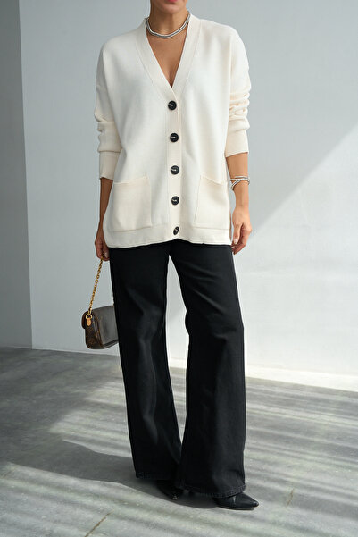 LOOSH Kadın Krem V Yaka Cepli Oversize Triko Hırka