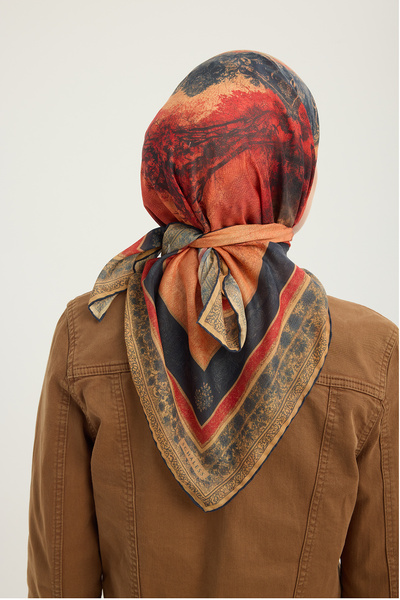 Schaless Mirror of Roots - Red - Efilia Patterned Scarf - 90X90 cm