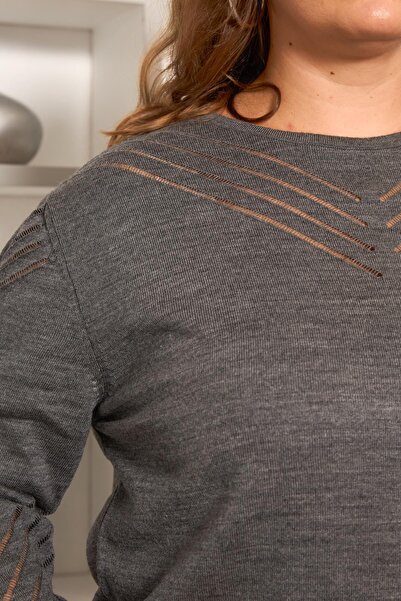 RMG Sleeve and Collar Openwork Patterned Plus Size Knitwear Anthracite