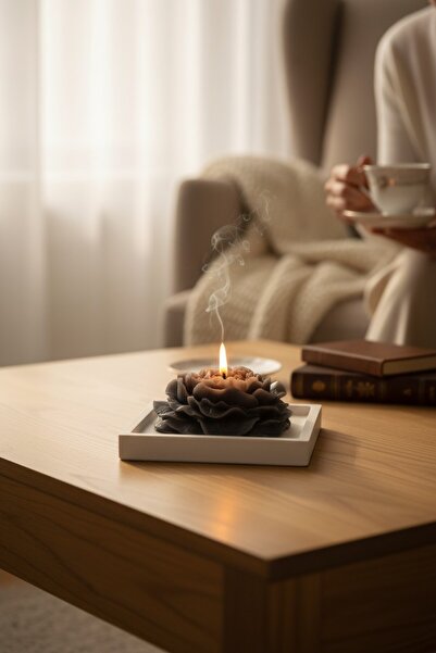 NİLCANDLE Dekoratif Kare Beton Altlık - Şakayık Çiçek Desenli Kokulu Mum Seti...