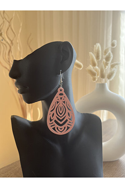 Büyük Hanım أقراط خشبية منحوتة بنمط متدلي باللون الوردي الفاتح