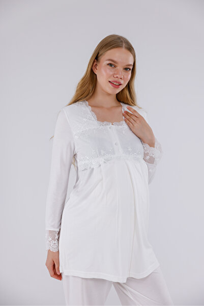 Yulem Homewear Ecru Special Lace Long Sleeve Cotton Maternity Pajama Set