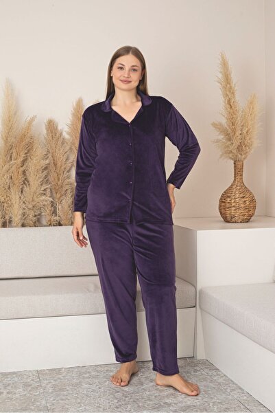 Asel Plus Size Purple Color Button down Long Sleeve Velvet Pajamas Set