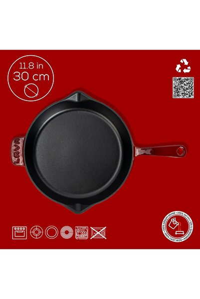 Lava Döküm Yuvarlak Kızartma Tavası Döküm Demir Yekpare Saplı. Çap(Ø)30cm-Bordo