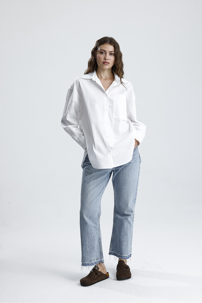 GACA COLLECTION MODENA Poplin Kumaş Arkadan Bağlamalı Beyaz Gömlek %100 Pamuk