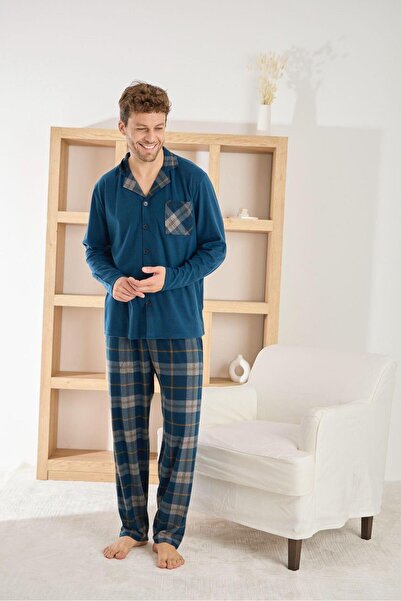 RAPAPA Ανδρικό σετ πιτζάμες με καρό σχέδιο με κουμπιά-6400-2-pm