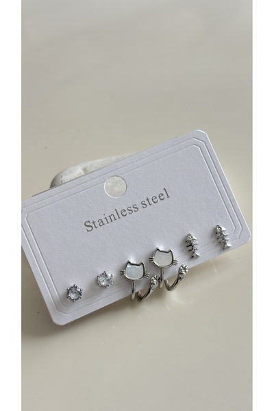 Çelik Kedi Balık Minimal Taşlı Çoklu Küpe