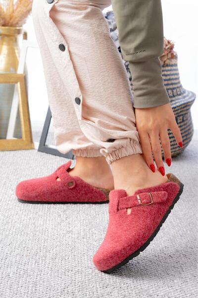 SBronze شباشب منزلية يومية للجنسين مغلقة من الأمام بنعل من الفلين ومبطن بالصوف للعلاج الطبيعي باللون الأحمر الداكن