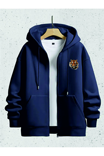 HOFFNUNG 3 IPLIK unisex Fermuarlı kapşonlu TIGER Desenli Oversize SWEATSHIRT